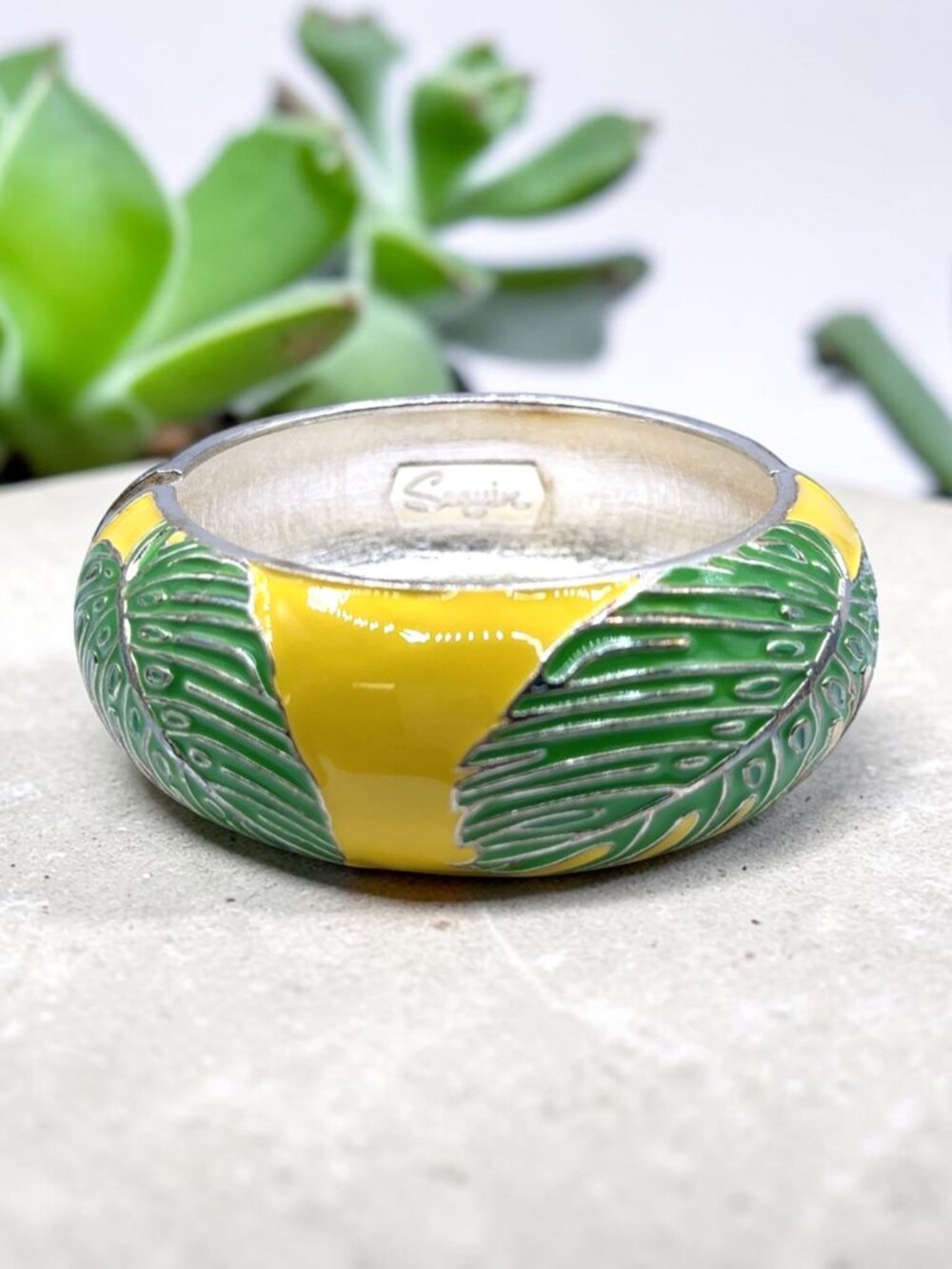 Sequin Yellow and Green Enamel Leaf Hinged Bangle Bracelet